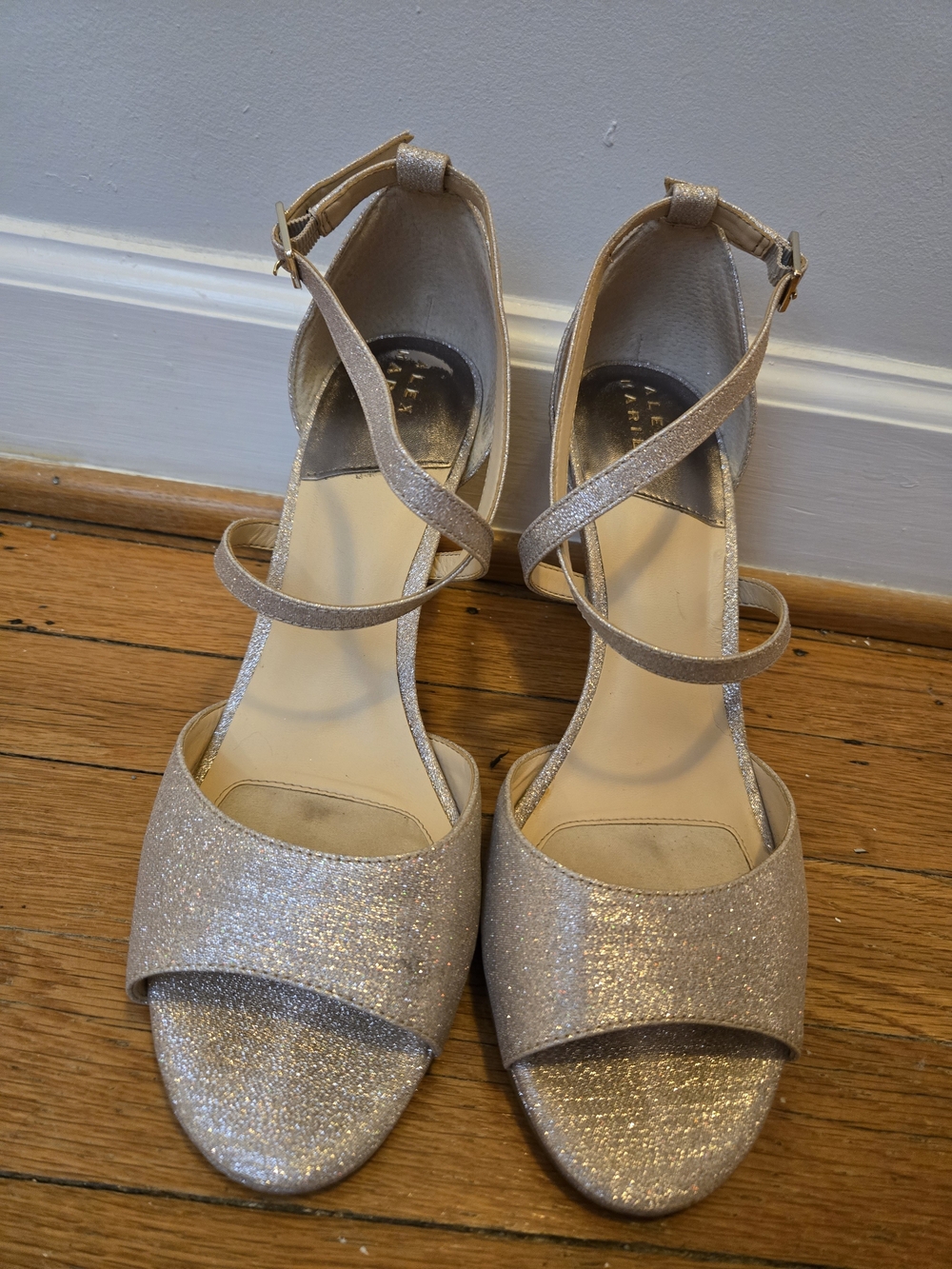 Alex Marie Glitter Open-Toe Ankle-Strap Heels in Champagne